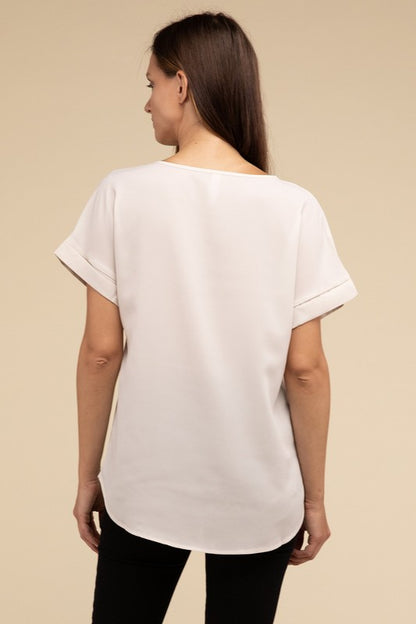 Woven Dobby Rolled Sleeve Boat Neck Top