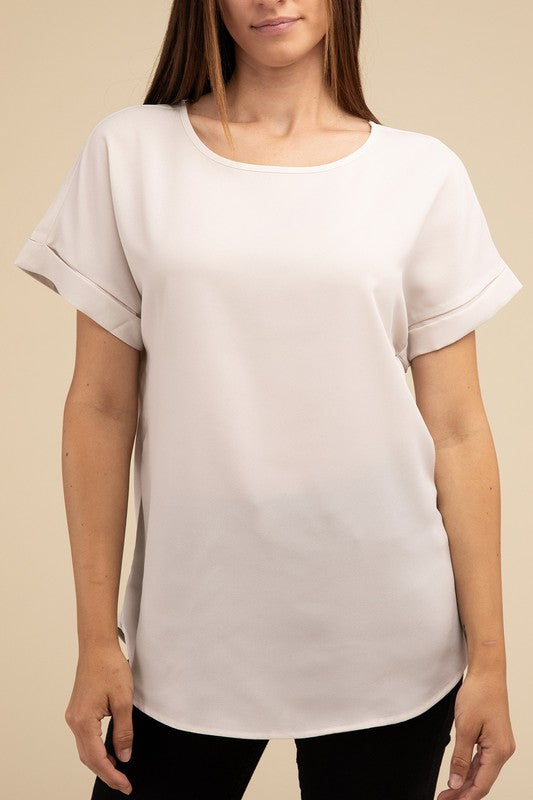 Woven Dobby Rolled Sleeve Boat Neck Top