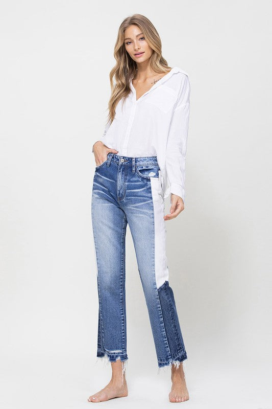 Super High Rise Straight W/Side Blocking Denim Jeans