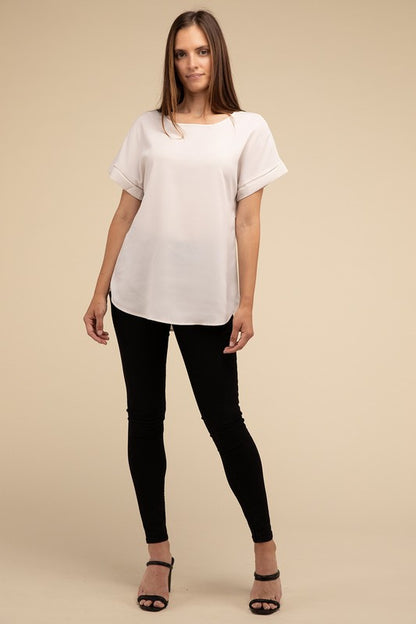 Woven Dobby Rolled Sleeve Boat Neck Top