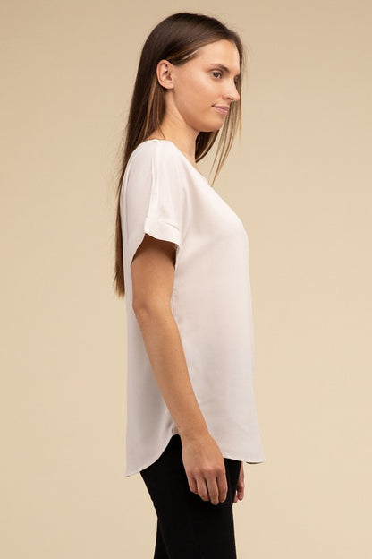 Woven Dobby Rolled Sleeve Boat Neck Top