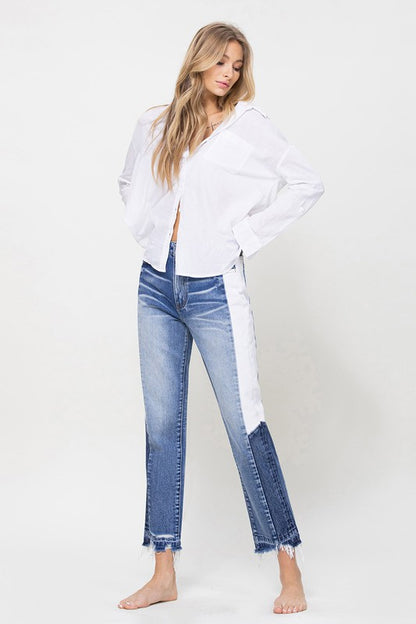 Super High Rise Straight W/Side Blocking Denim Jeans