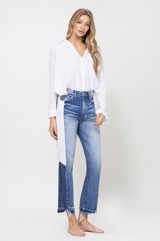 Super High Rise Straight W/Side Blocking Denim Jeans